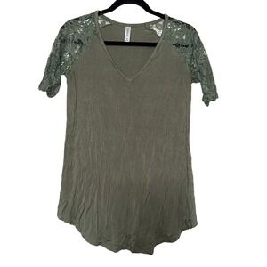 Zenana Signature Olive Green Lace Sleeve V Neck Tunic Top Women's Medium